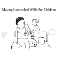 Cartoon line illustration of a man sitting with his children