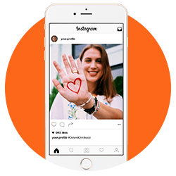 Image of social post on a phone in front of an orange circle of a young girl with heart drawn on left hand