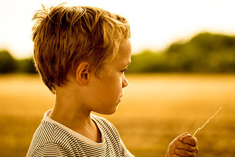 Young boy with blond hair outside in a grass field looking away